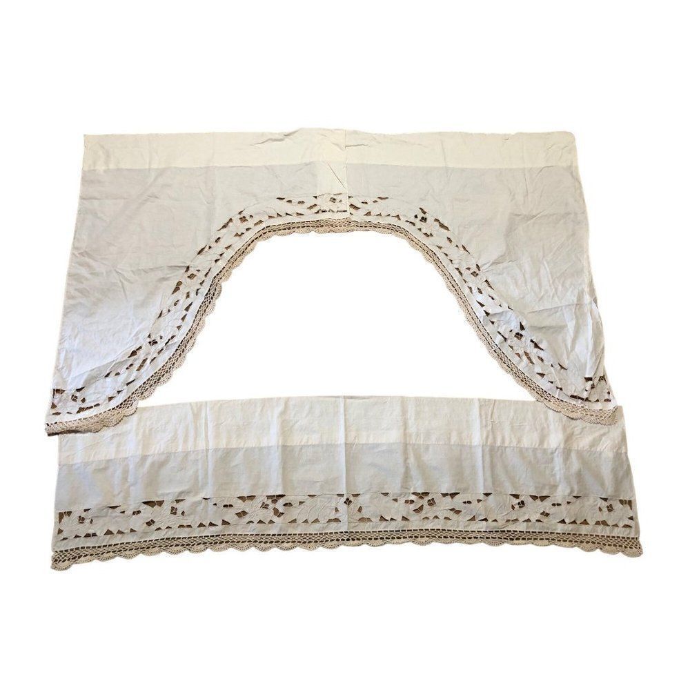 Vintage Tier and Swag Window Set Off White Embroidered Country Style